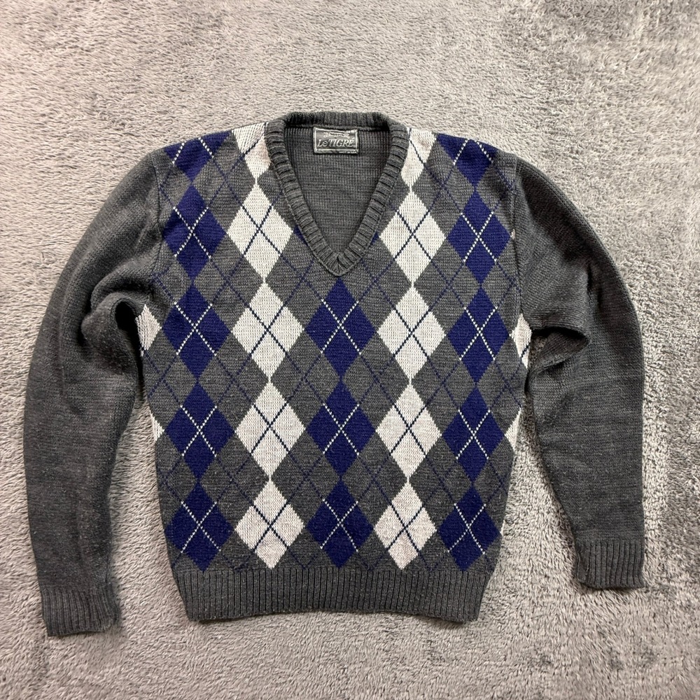 Vintage Le Tigre Womens Argyle Knit Sweater V-Neck Gray Blue USA Made L 14-16